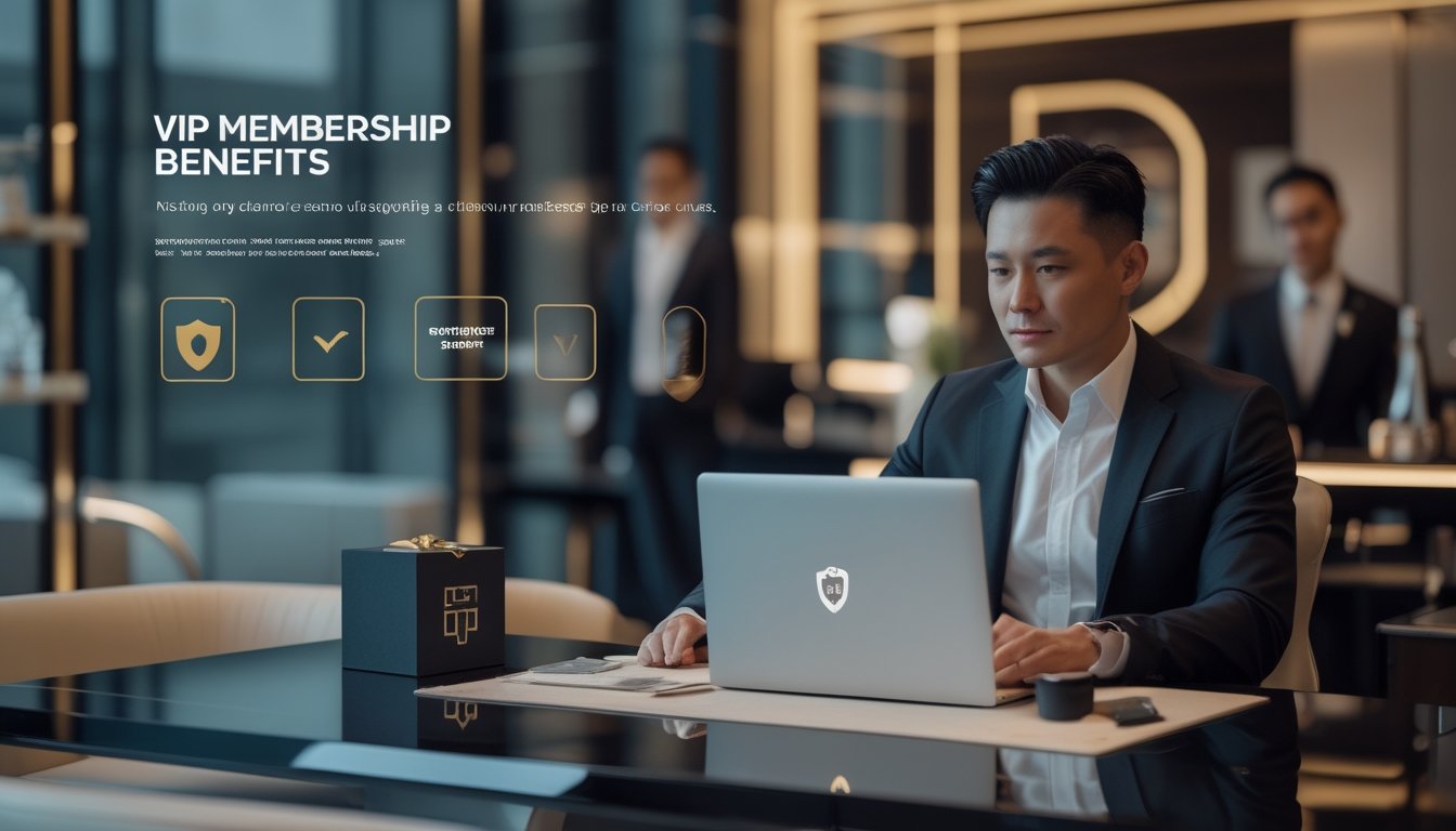 Seorang anggota VIP menikmati layanan premium di lounge modern dengan pendampingan staf profesional.