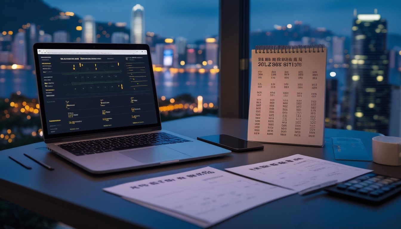 Meja kerja malam dengan laptop, ponsel, kalkulator, dan grafik analisis berlatar cahaya kota Hong Kong.