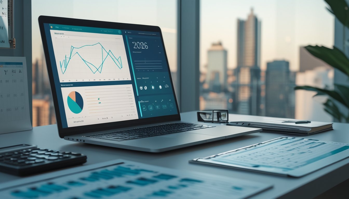 Meja kerja modern dengan laptop berisi grafik abstrak, kalkulator, lembar data, dan pemandangan cakrawala Sydney.