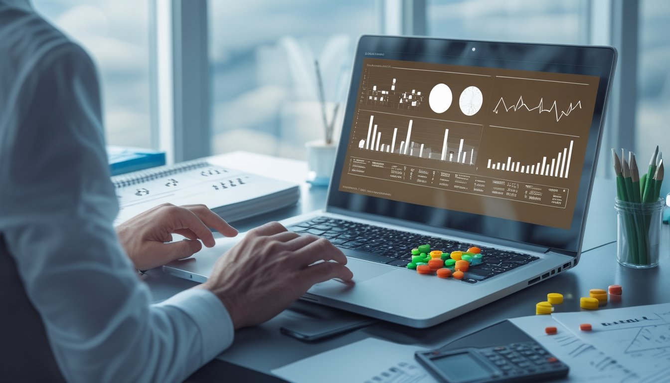 Tangan seorang analis memeriksa grafik data abstrak di laptop bersama kalkulator, catatan, dan benda yang melambangkan peluang acak.