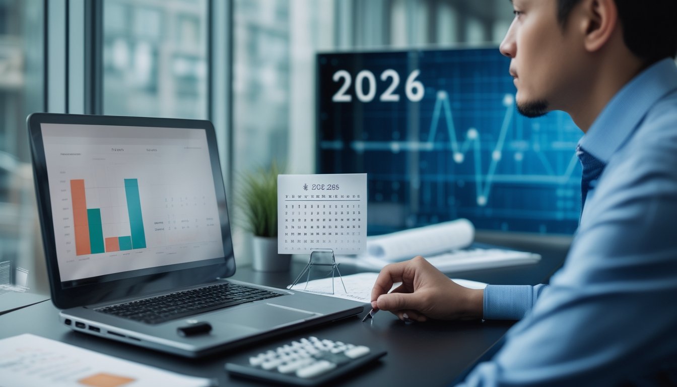 Seorang analis memeriksa grafik dan pola data abstrak di meja kerja modern dengan laptop, kalkulator, dan kalender.