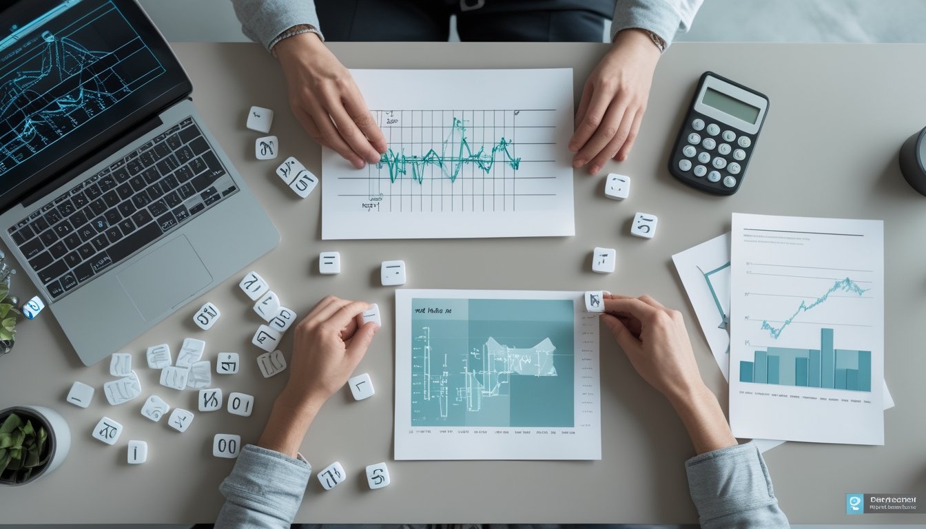 Tangan sedang menganalisis grafik peluang dan susunan keping angka di atas meja kerja.