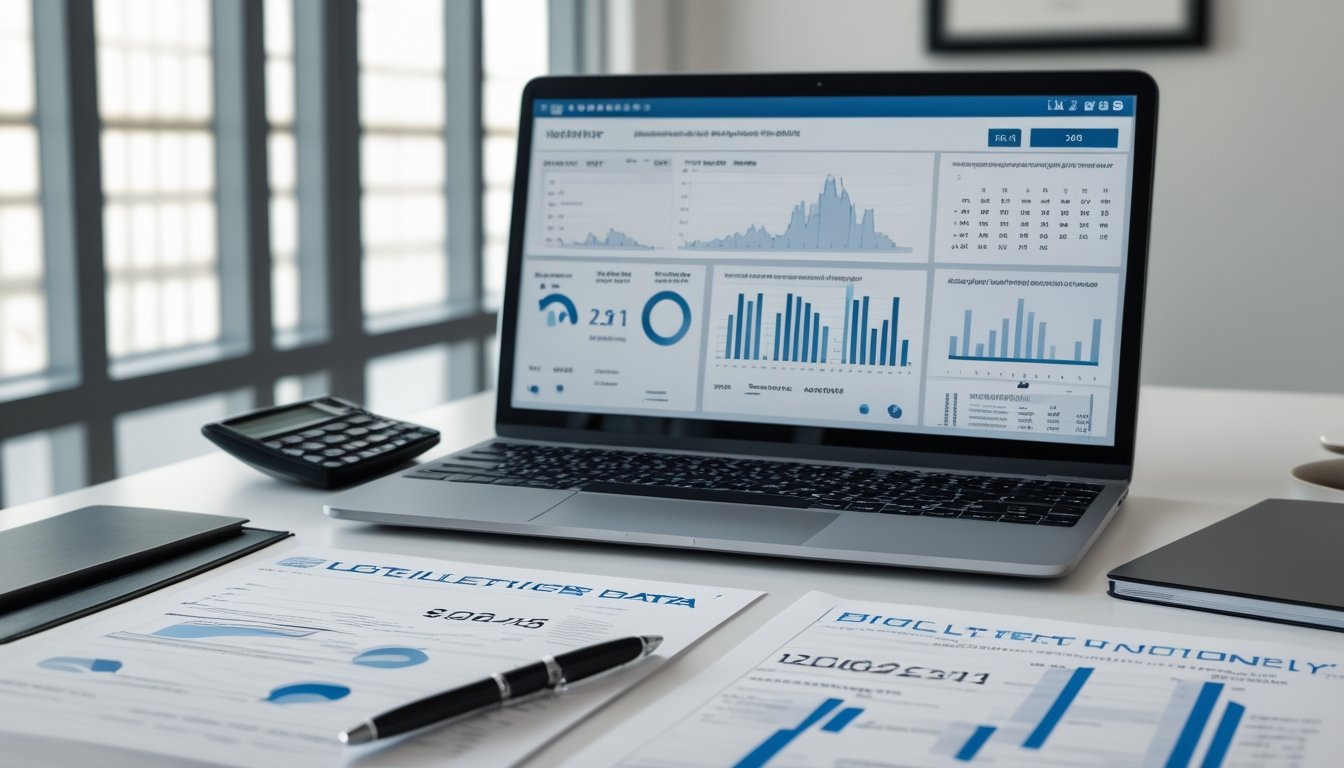 Meja kerja modern dengan laptop, grafik statistik abstrak, kalkulator, dan dokumen data yang tersusun rapi.