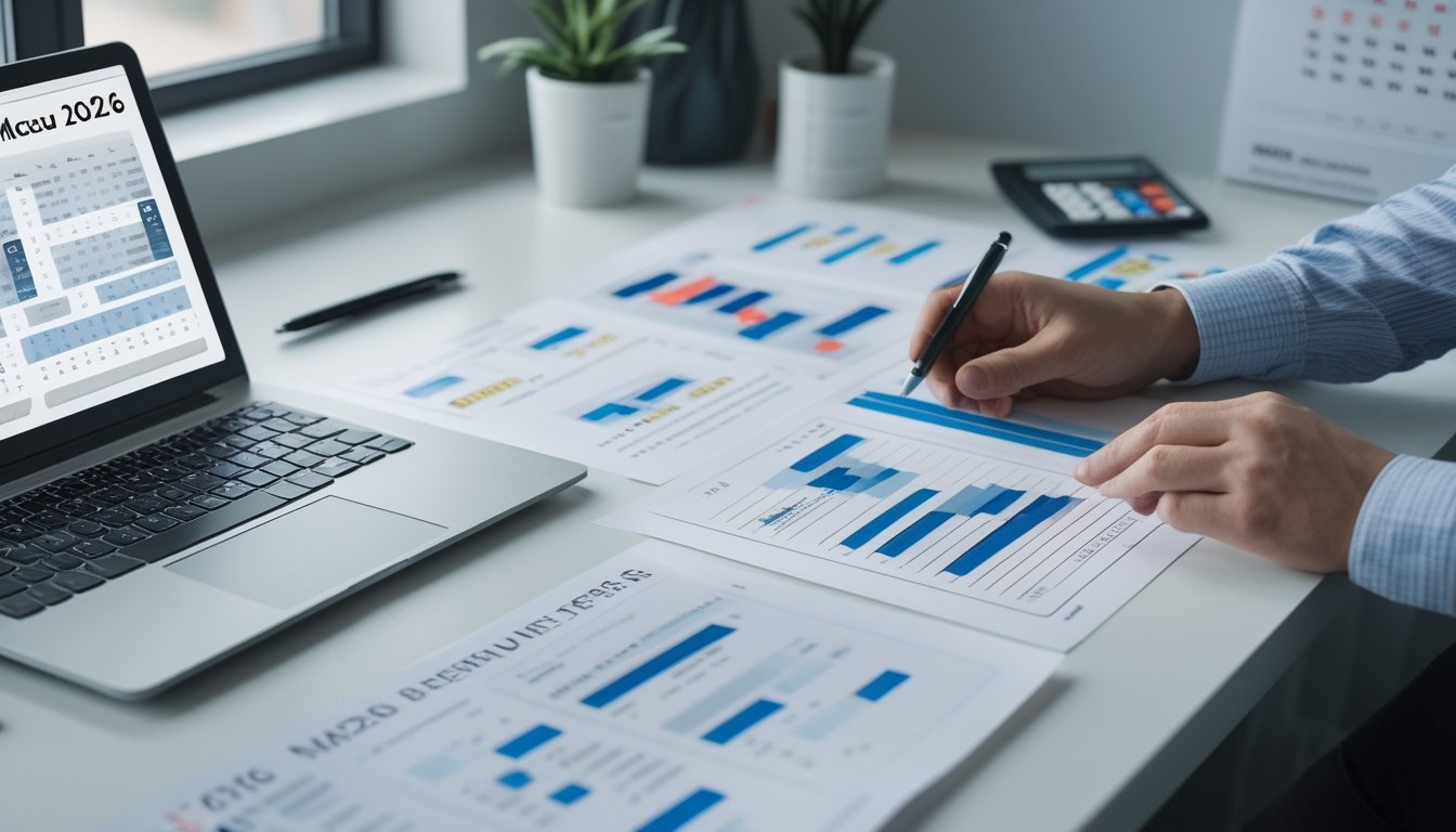 Meja kerja dengan laptop, grafik data dan dokumen analisis angka.