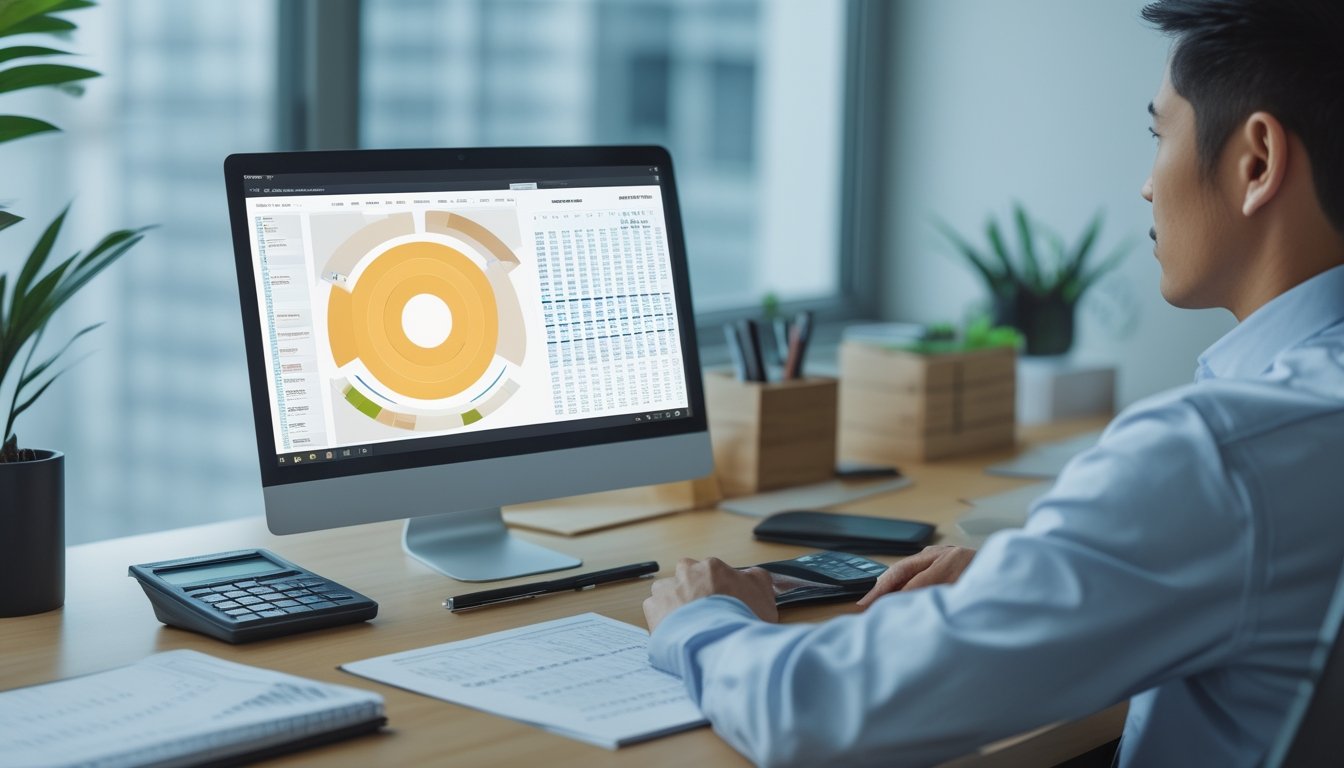 Seorang analis meninjau grafik dan pola data pada laptop di meja kerja modern.