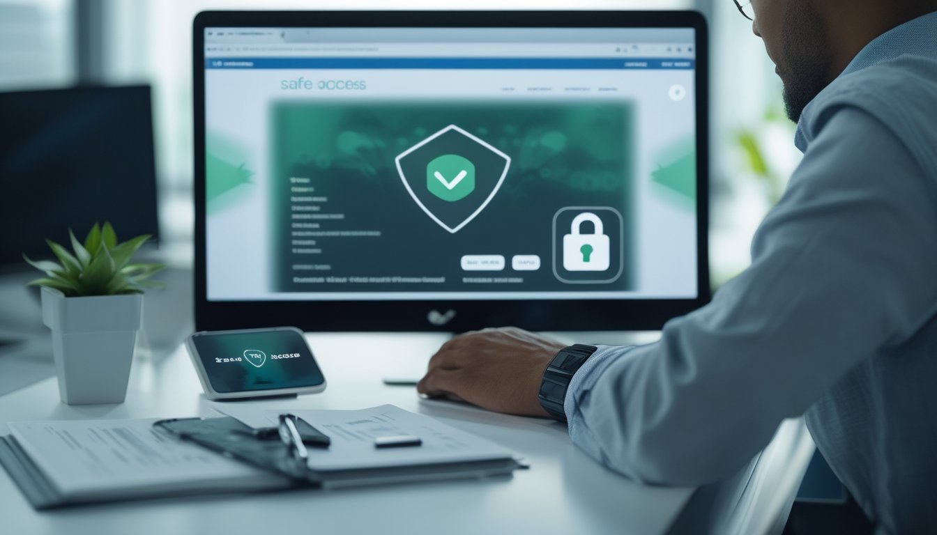 Profesional memeriksa akses situs aman di laptop dengan simbol perisai dan dokumen legalitas.