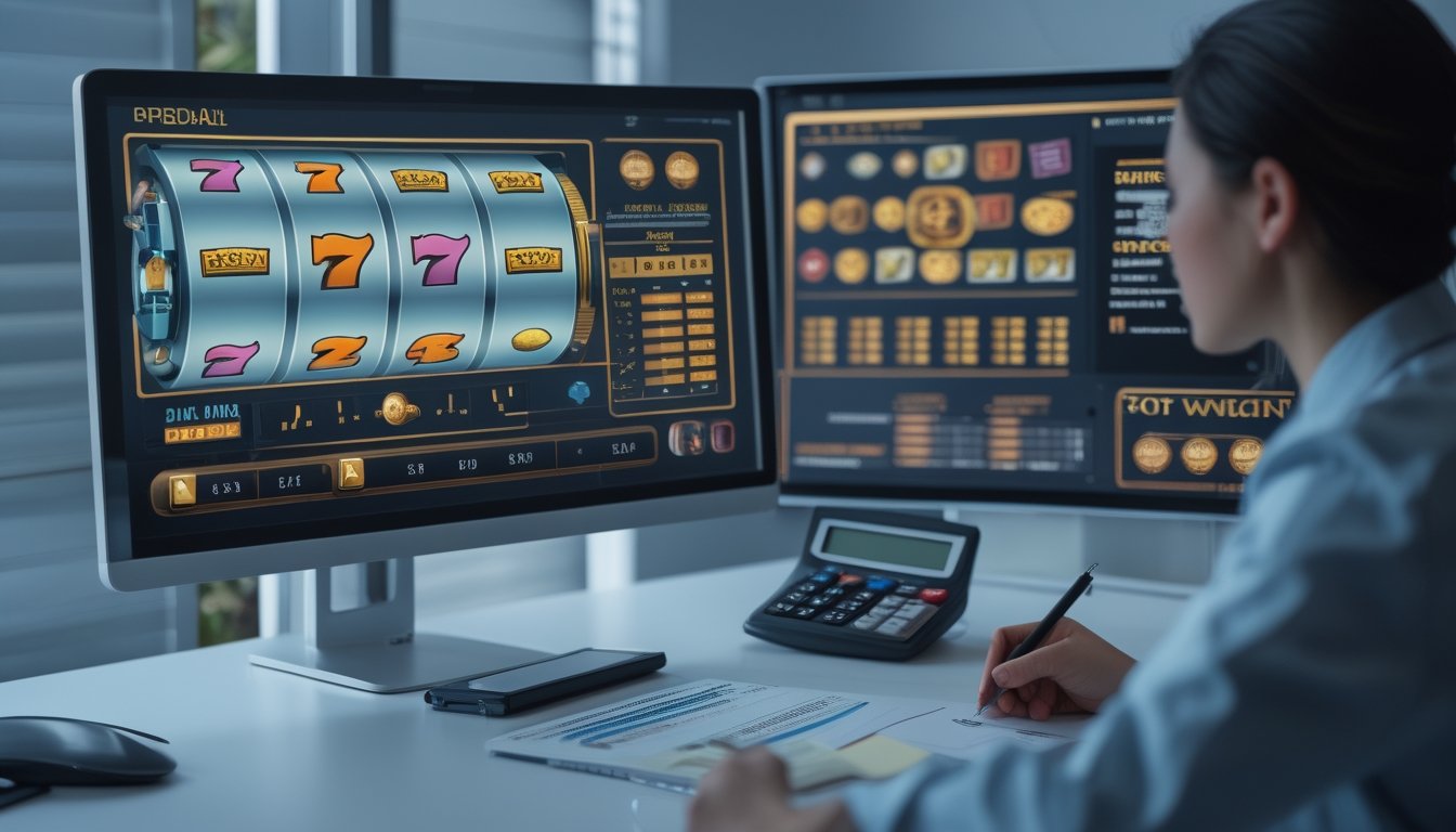 Seseorang menganalisis tampilan permainan slot dan data probabilitas di meja kerja modern.