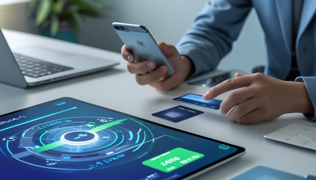 Seseorang menggunakan ponsel untuk melakukan transaksi digital di meja kerja modern.