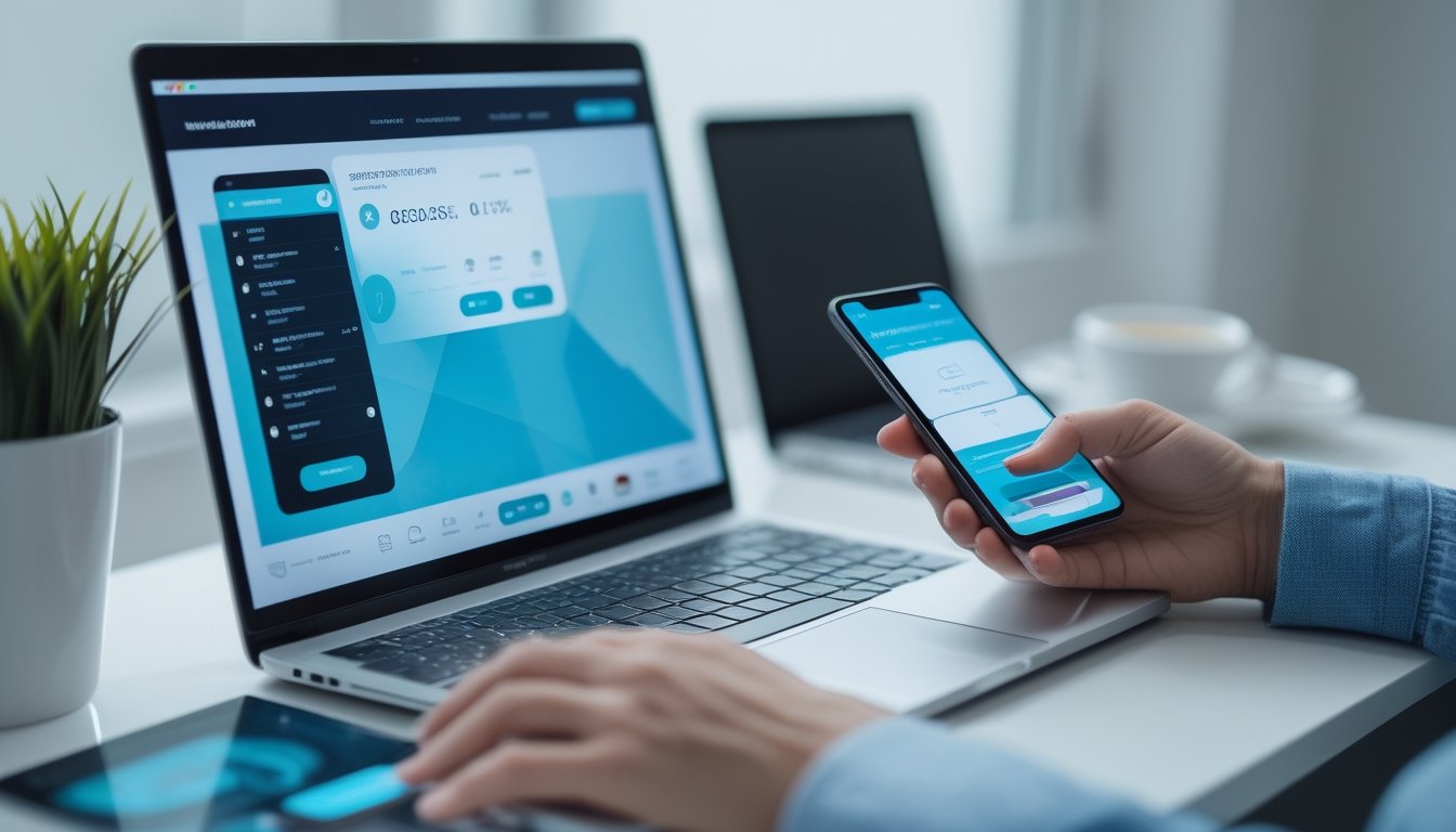 Seseorang menyiapkan akun pembayaran digital menggunakan laptop, ponsel, dompet digital, dan kartu pembayaran di meja kerja.