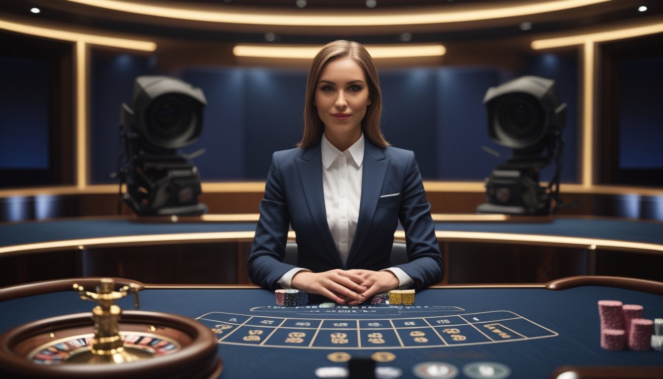 Dealer wanita berada di meja permainan kasino dalam studio modern dengan roda roulette dan kartu di latar depan.