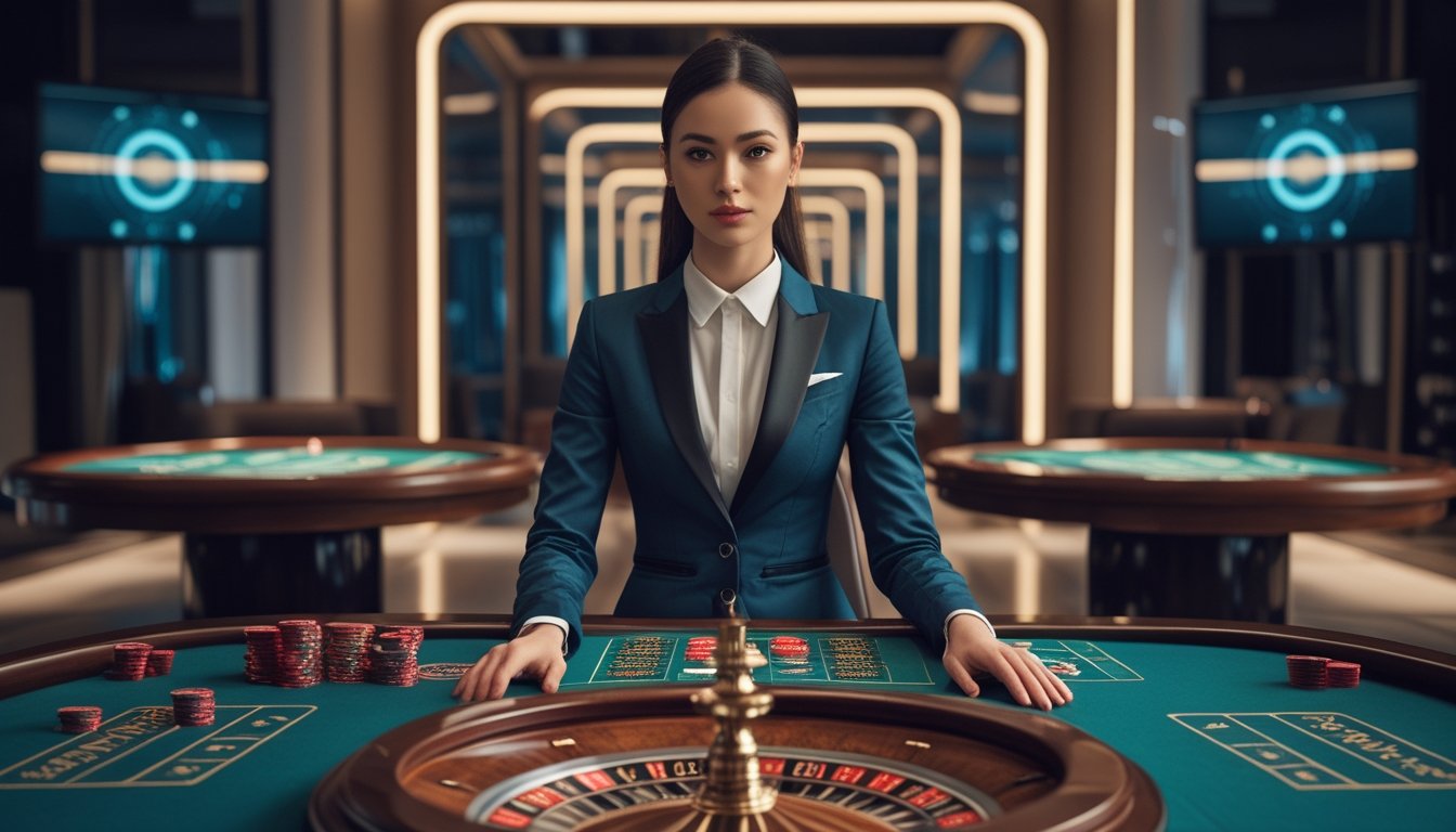 Dealer berada di meja roulette dalam studio kasino modern dengan meja blackjack di latar belakang.
