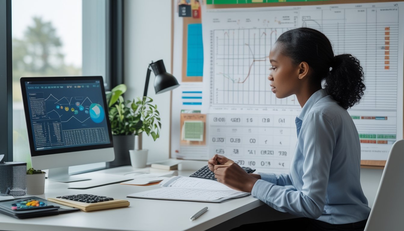 Seorang analis dewasa memeriksa tabel angka dan grafik di meja kerja dengan laptop, kalkulator, dan catatan perhitungan.