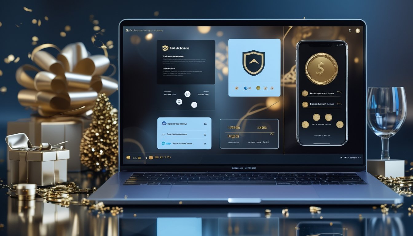 Laptop dan ponsel menampilkan antarmuka digital abstrak dengan dekorasi hadiah dan konfeti emas di meja kerja modern.