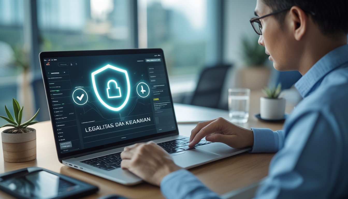 Seorang profesional memeriksa platform taruhan online yang dilengkapi simbol keamanan dan verifikasi di laptop.