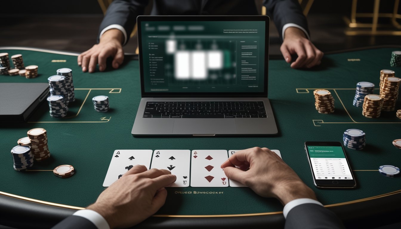 Meja baccarat dengan kartu, keping kasino, laptop, ponsel, dan perlengkapan analisis strategi.