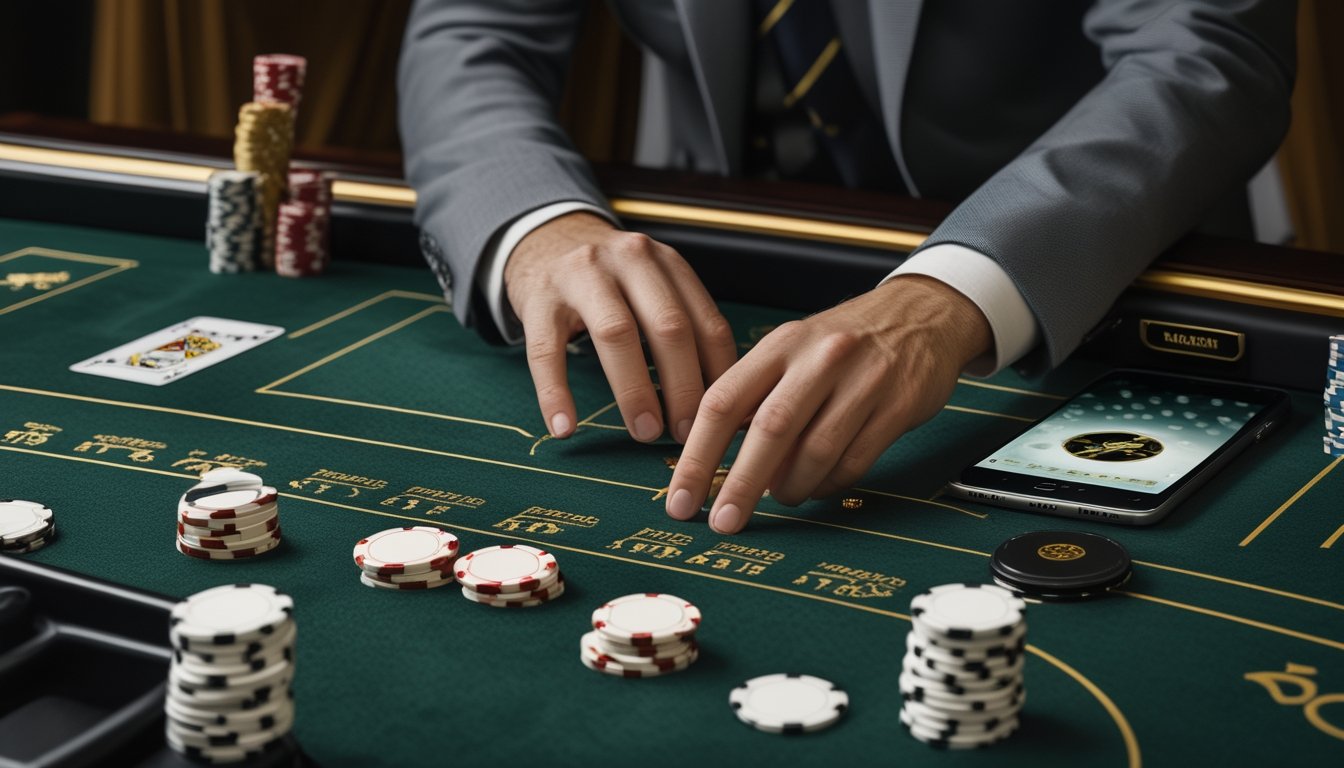 Meja baccarat dengan kartu, keping kasino, dan tangan pemain yang sedang menyusun taruhan.