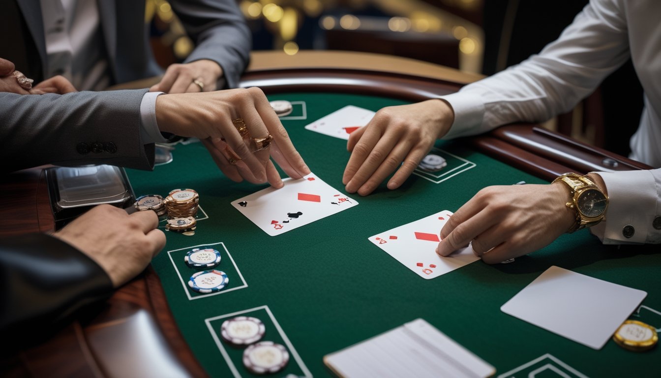 Tangan pemain membuka kartu di meja baccarat dengan dealer dan keping taruhan di sekitarnya.