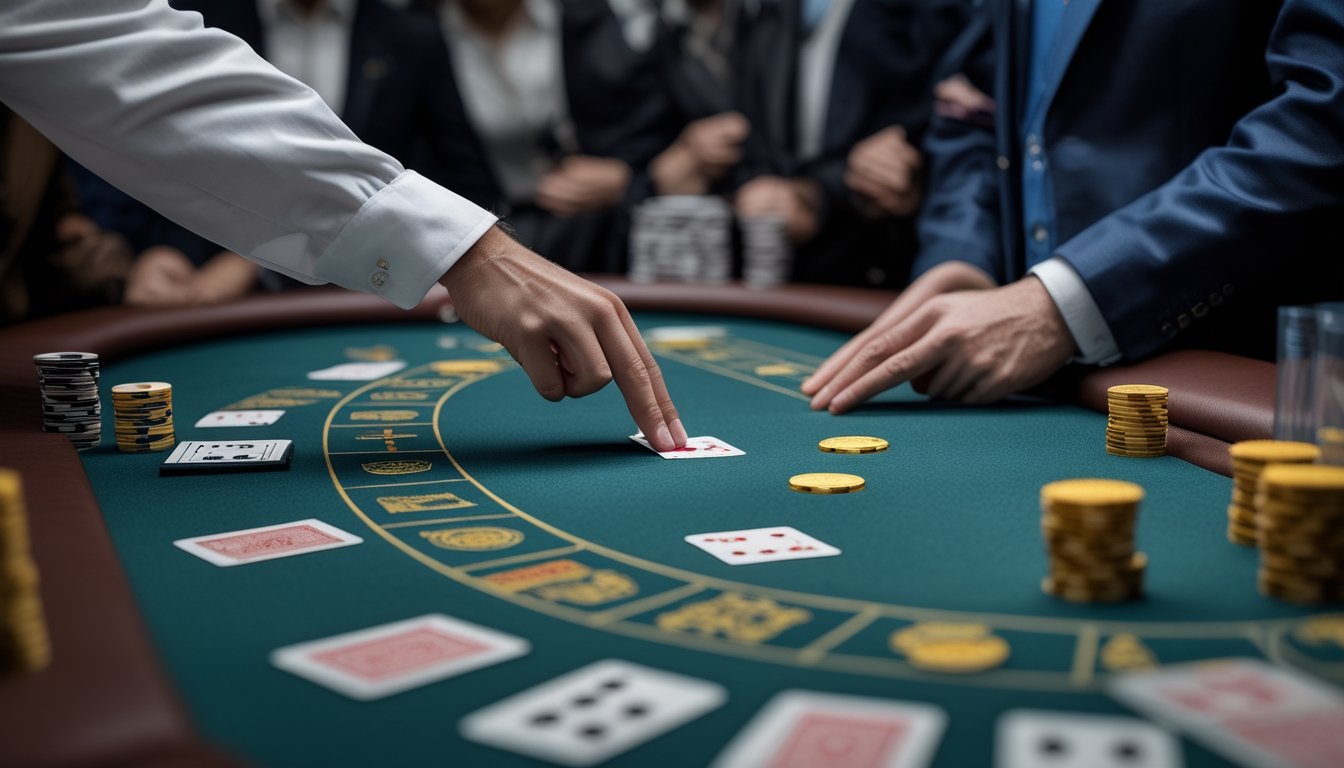 Seorang pemain membuka perlahan kartu di meja baccarat sementara dealer dan pemain lain mengamati.