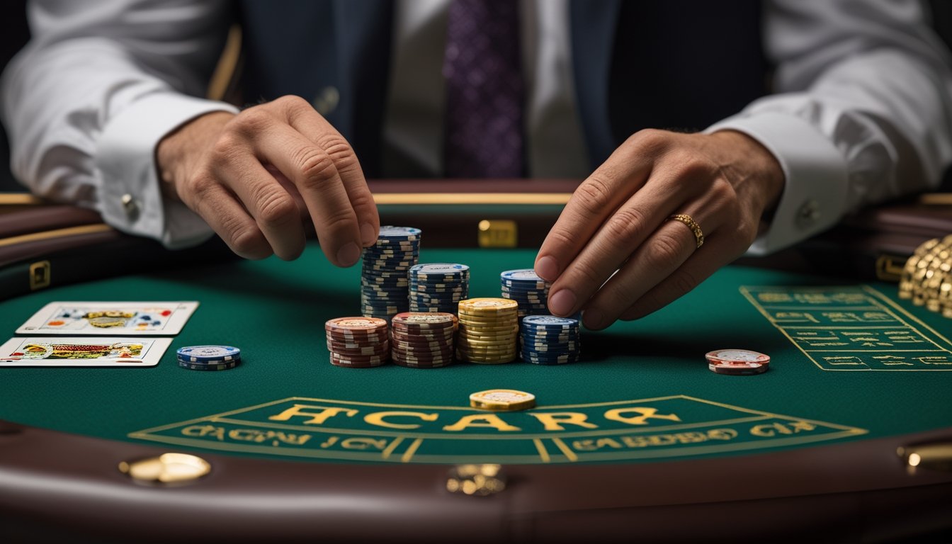 Tangan pemain menata sejumlah kecil keping kasino dan kartu di meja baccarat.