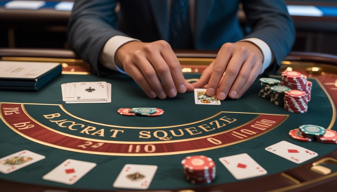 Pemain mengamati dealer membuka kartu baccarat dengan sejumlah kecil chip di atas meja.