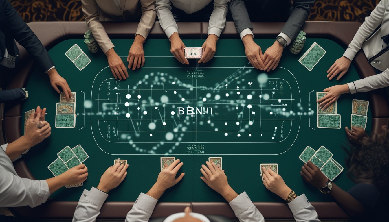 Suasana meja baccarat dengan dealer membuka kartu, chip kasino, dan elemen visual abstrak yang menggambarkan perbandingan peluang banker dan player.