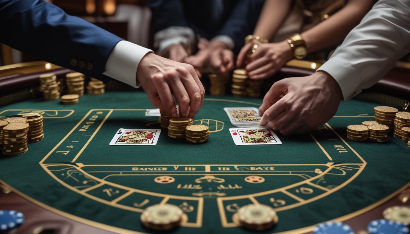 Dealer dan pemain membuka kartu baccarat secara perlahan di atas meja dengan chip taruhan.