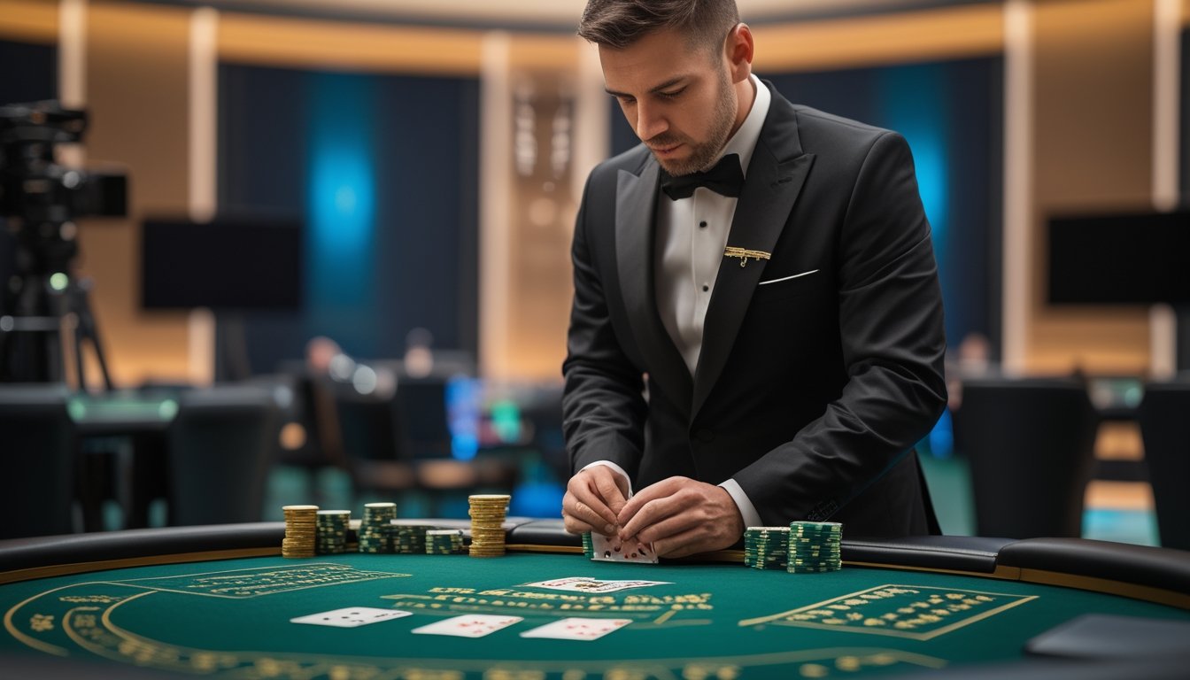 Dealer kasino sedang membuka kartu baccarat di atas meja hijau dengan keping taruhan yang tertata rapi.