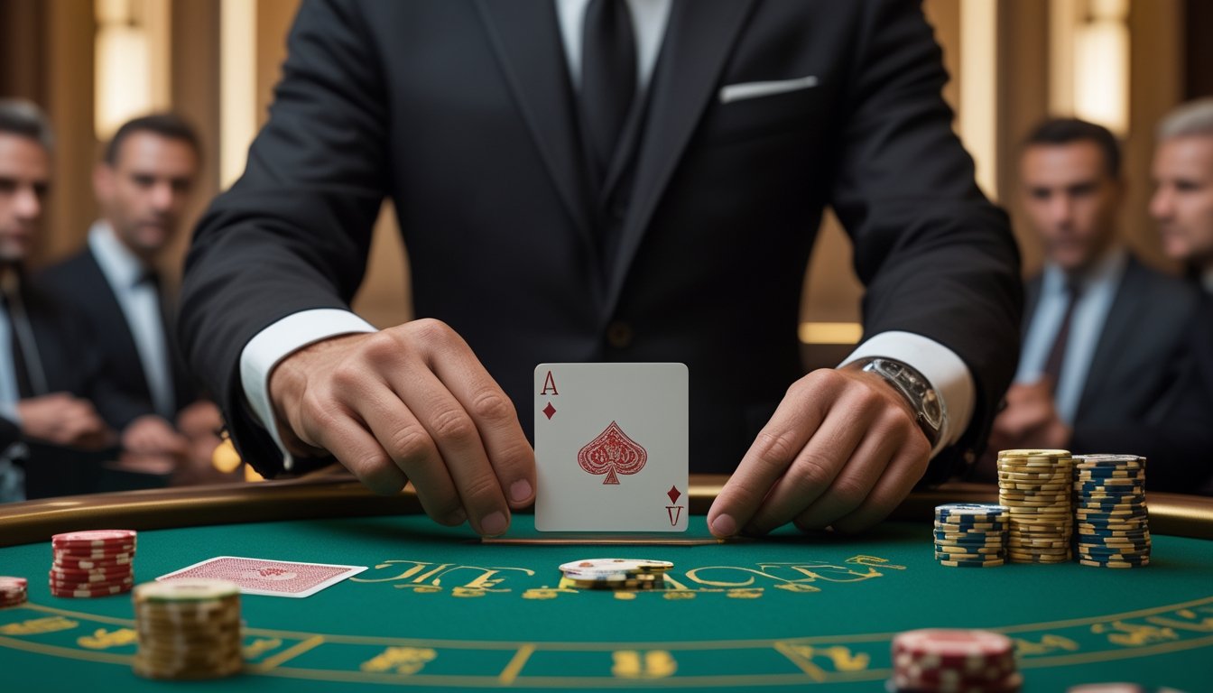 Dealer kasino membuka kartu baccarat di atas meja sementara para pemain memperhatikan.
