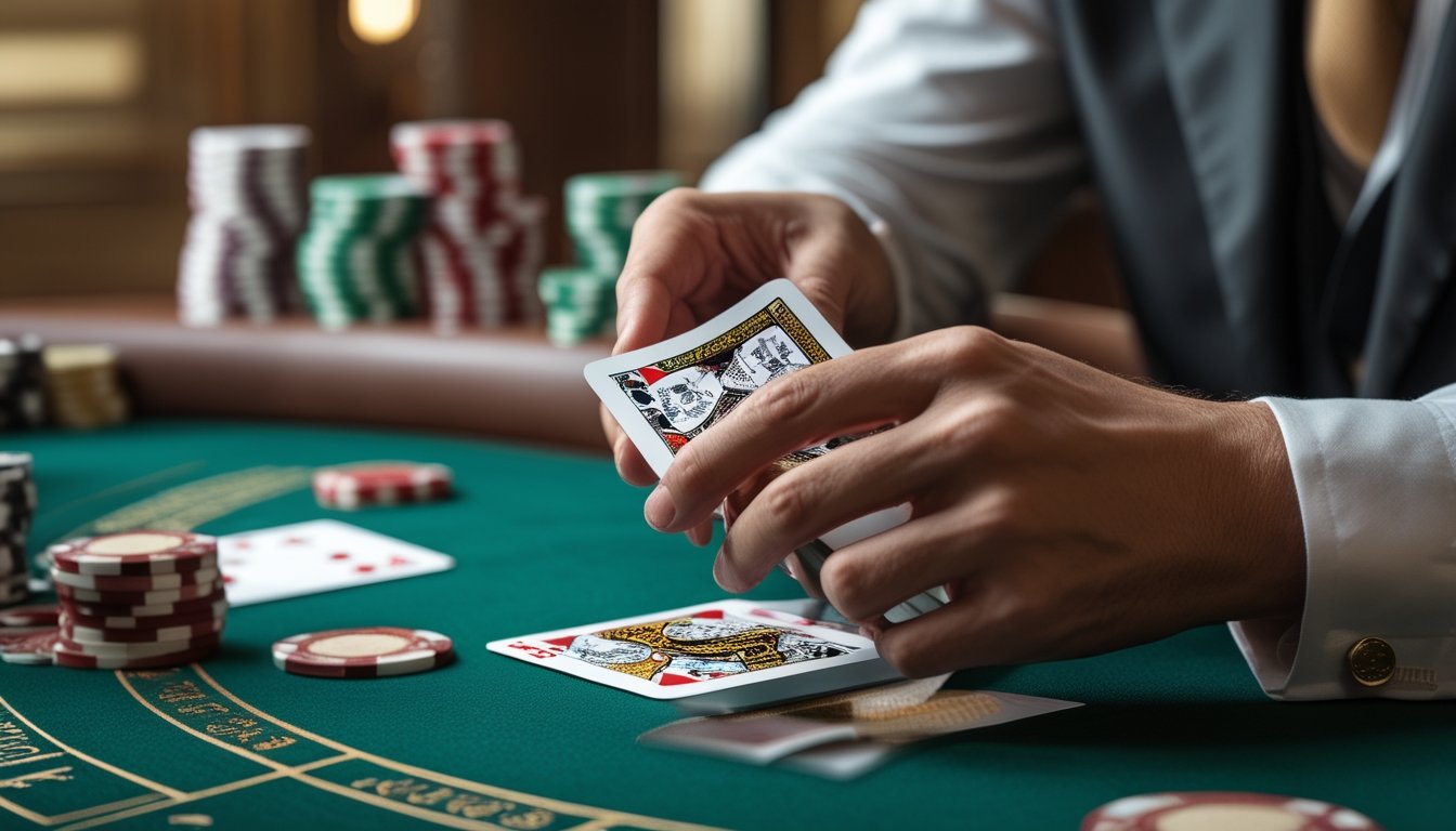 Tangan pemain perlahan membuka sudut kartu di atas meja baccarat dengan chip kasino di sekitarnya.