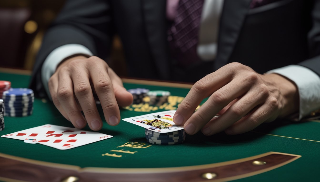 Tangan pemain mengangkat sudut kartu baccarat di atas meja hijau dengan chip kasino dan dealer di latar belakang.