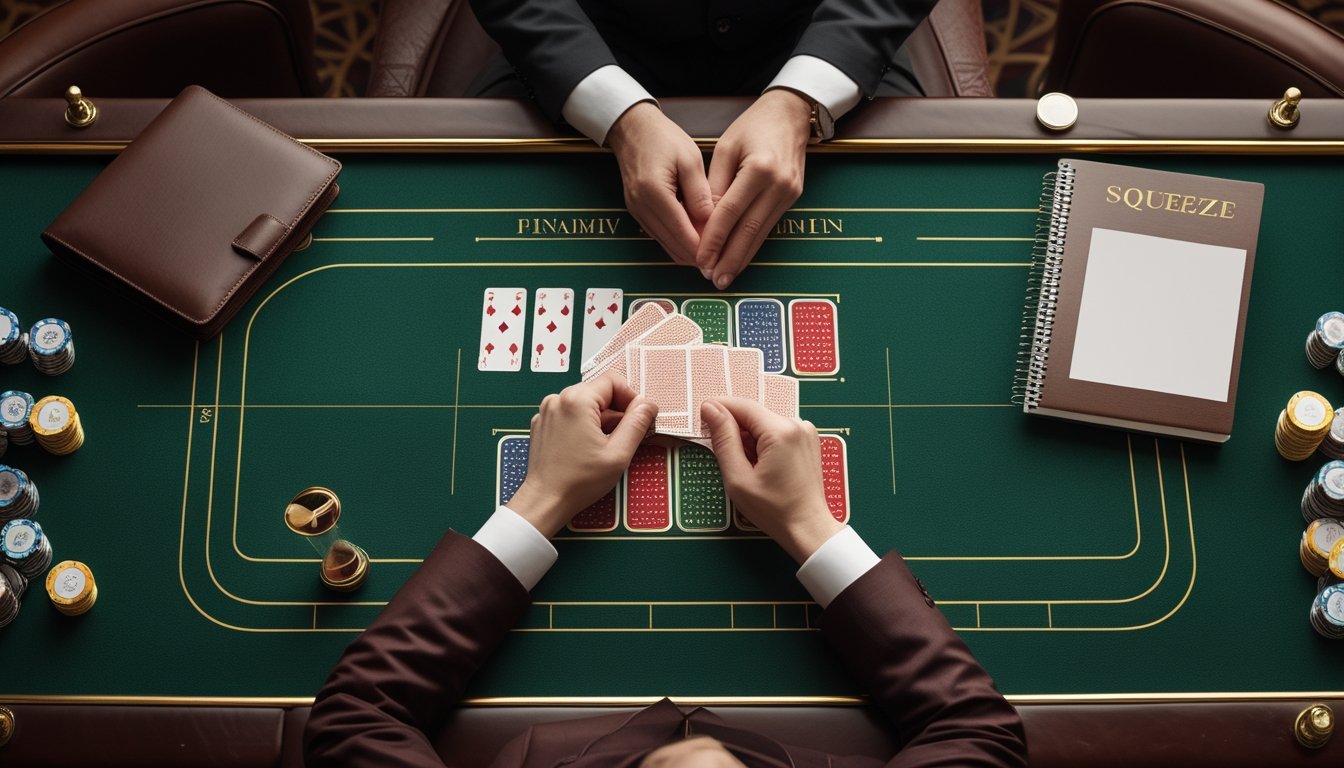 Meja baccarat dengan tumpukan keping kasino, kartu, buku catatan, kalkulator, dan jam pasir yang menggambarkan pengelolaan modal secara disiplin.