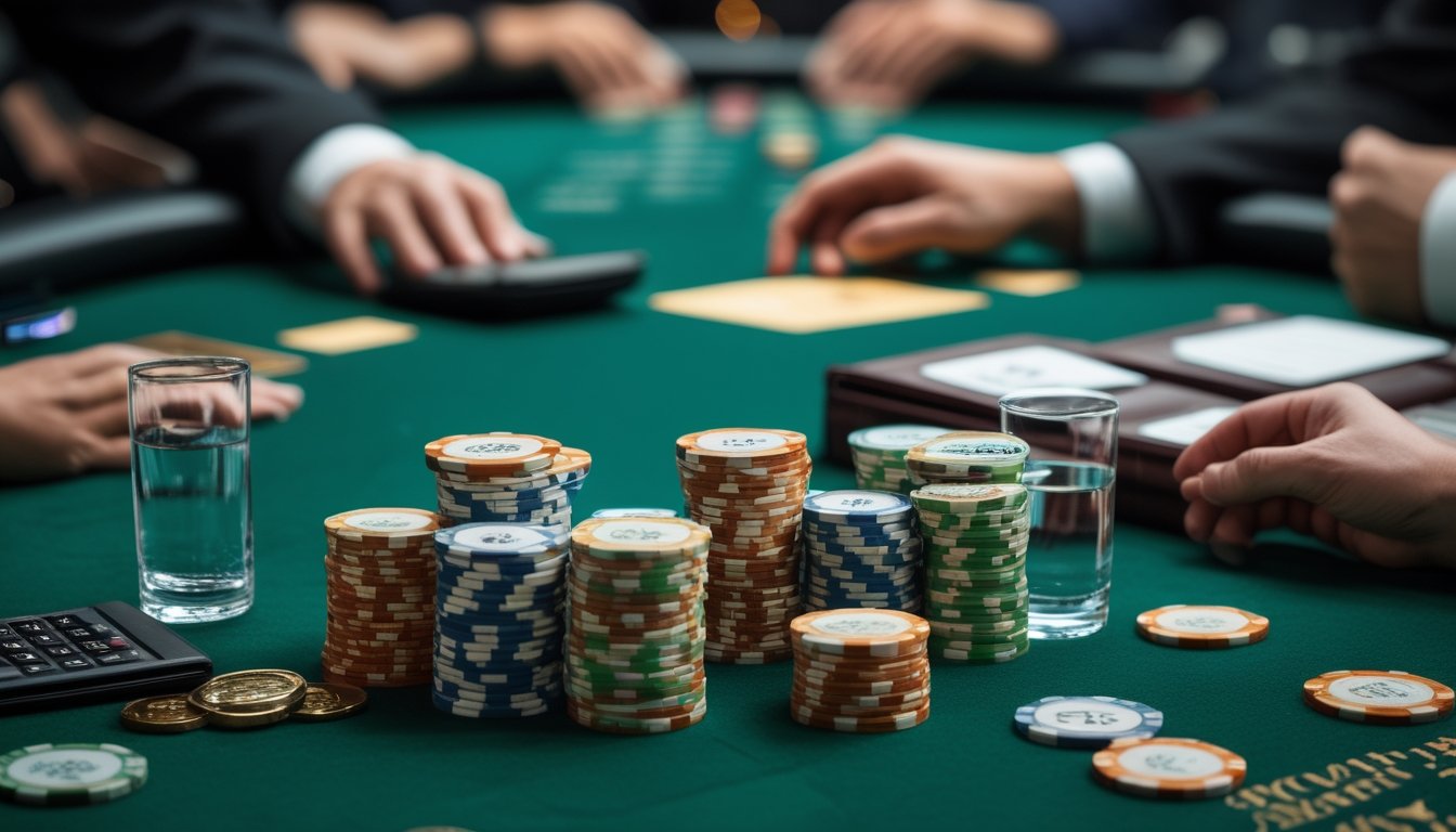 Tumpukan chip kasino tertata di samping buku catatan dan kalkulator di atas meja baccarat.