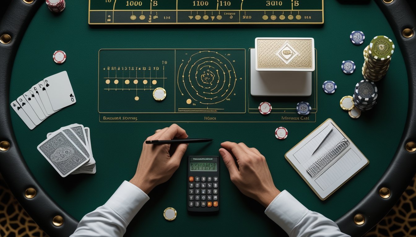 Meja baccarat dengan kartu, keping kasino, kalkulator, dan susunan keping yang menggambarkan analisis strategi.