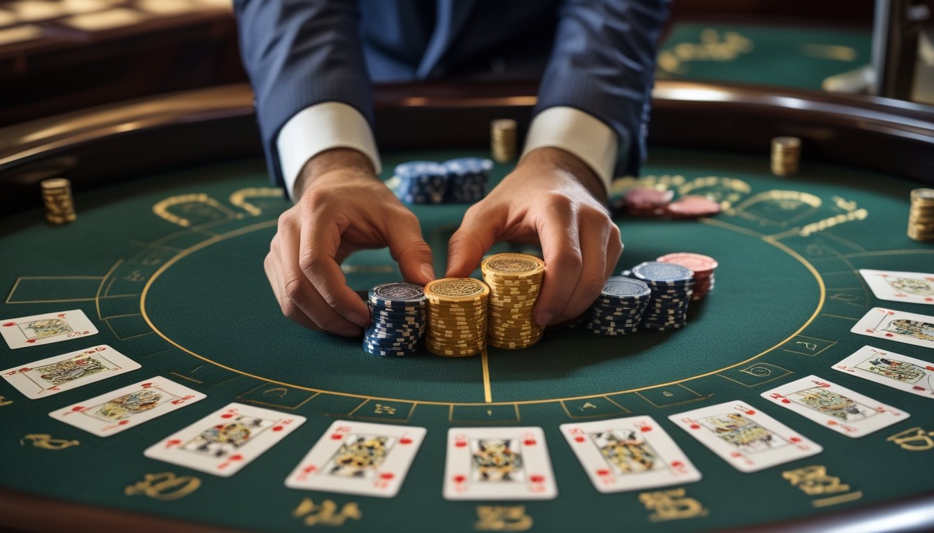 Tangan dealer membuka kartu baccarat di atas meja hijau dengan susunan keping taruhan bertahap.