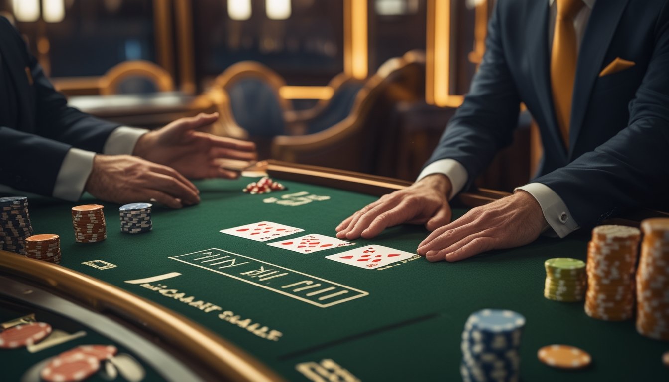 Suasana meja baccarat langsung dengan dealer membuka kartu ketiga sementara pemain mengamati dengan serius.