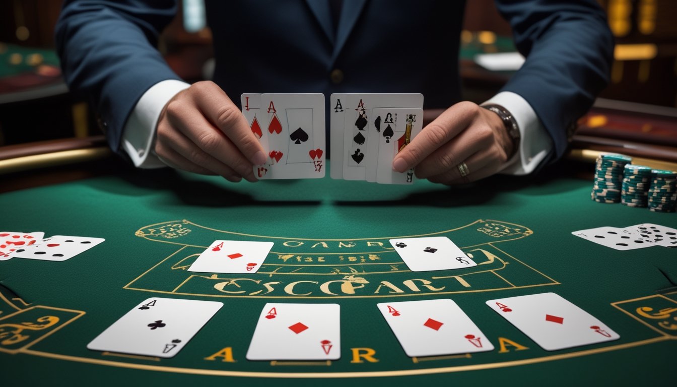 Dealer membuka kartu ketiga di meja baccarat dengan kartu dan keping taruhan tersusun rapi.