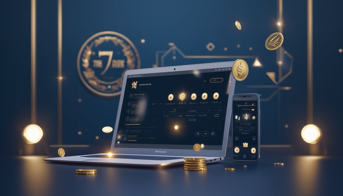 Laptop dan ponsel menampilkan antarmuka hiburan digital bernuansa biru dan emas dengan dekorasi elegan.