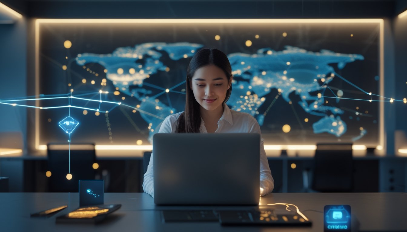 Orang dewasa menggunakan laptop dengan ilustrasi jaringan digital global dan server awan di ruang kerja modern.