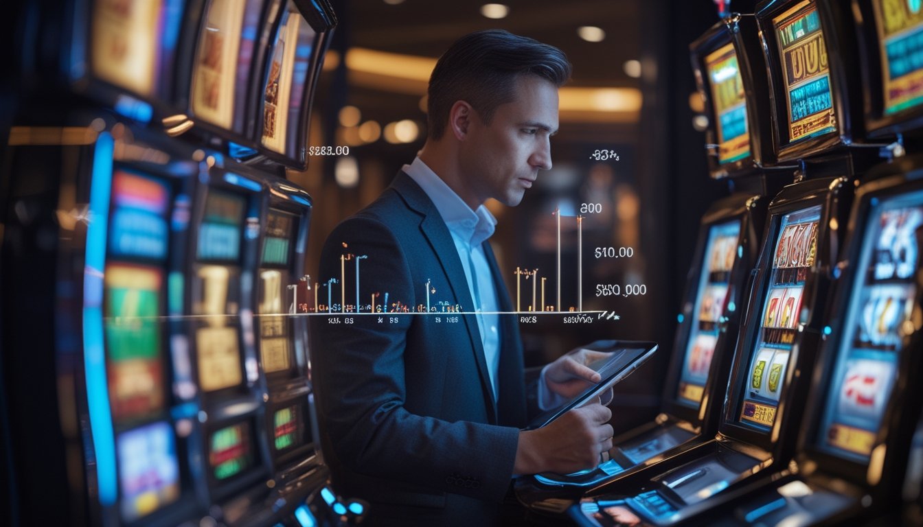 Seorang analis mempelajari grafik peluang di samping mesin slot modern dalam suasana kasino.