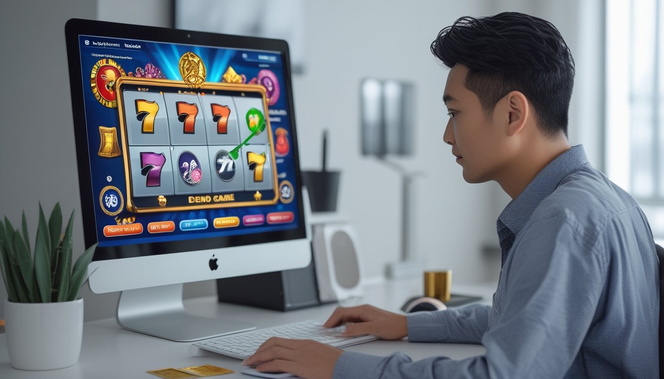Seseorang mencoba permainan slot virtual dalam mode demo di depan komputer pada meja kerja.
