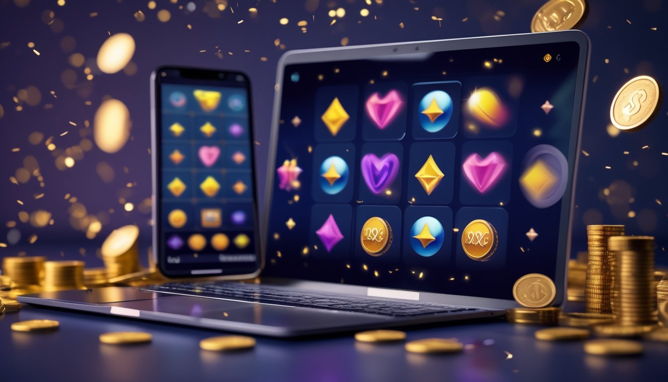 Perangkat digital menampilkan permainan mesin slot abstrak dengan koin emas dan confetti di latar gelap.