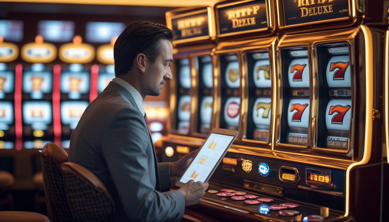 Seorang pemain membandingkan mesin slot klasik 777 di dalam kasino dengan suasana elegan.