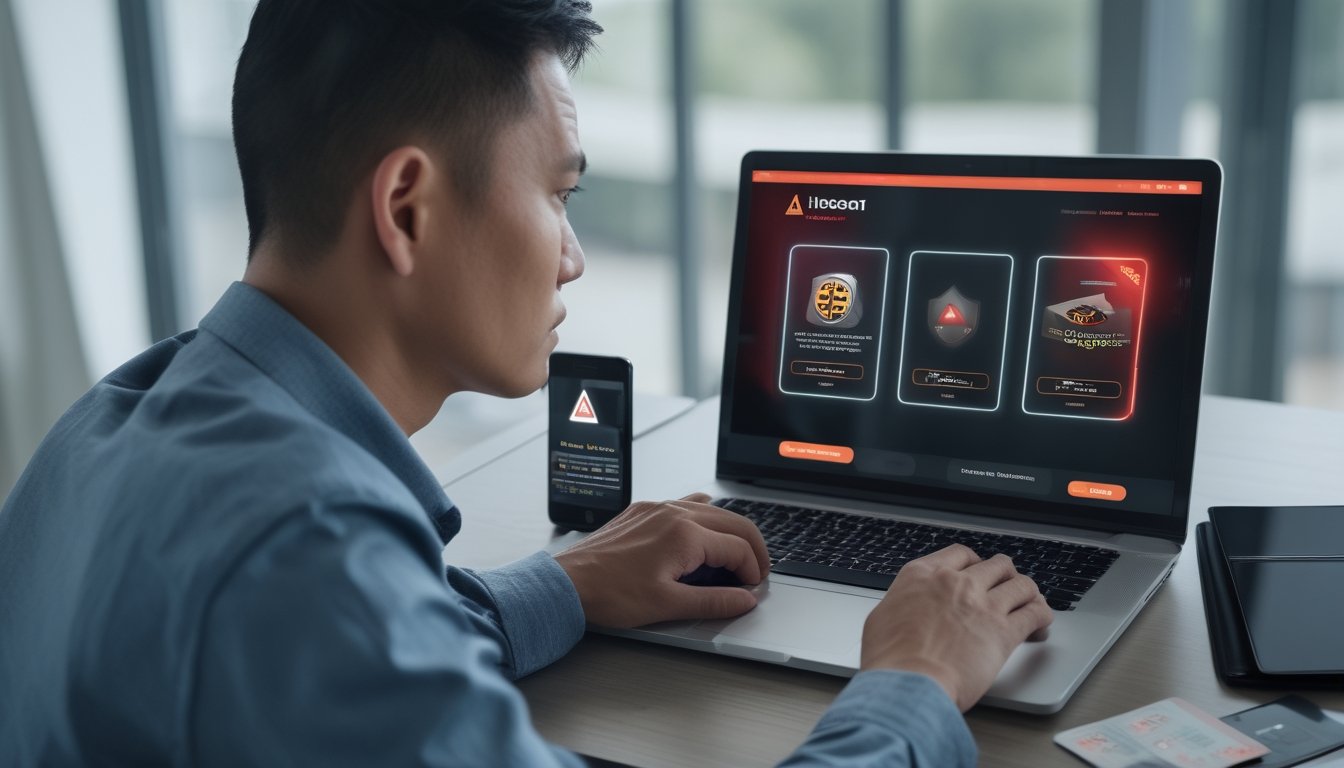 Seseorang memeriksa situs taruhan online mencurigakan di laptop dengan simbol peringatan keamanan.