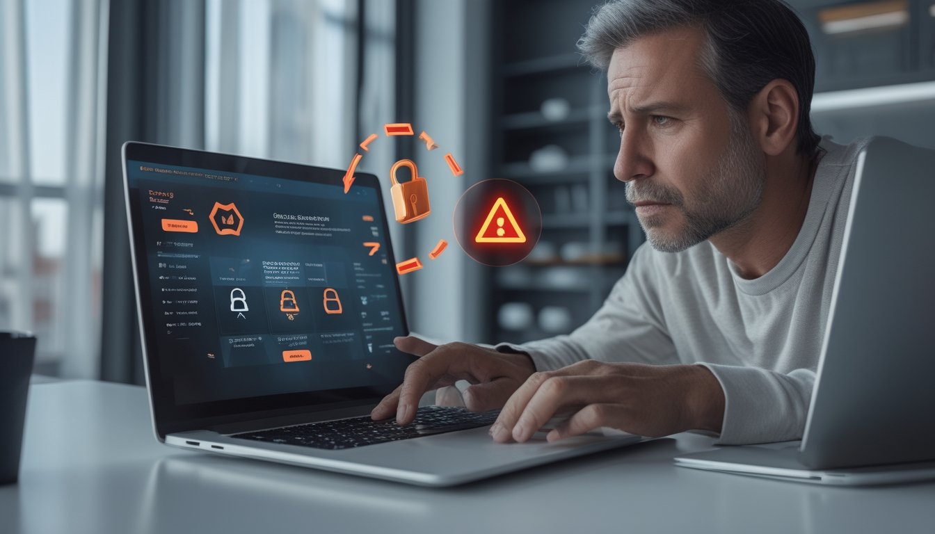 Seseorang memeriksa situs daring mencurigakan di laptop dengan simbol peringatan keamanan.