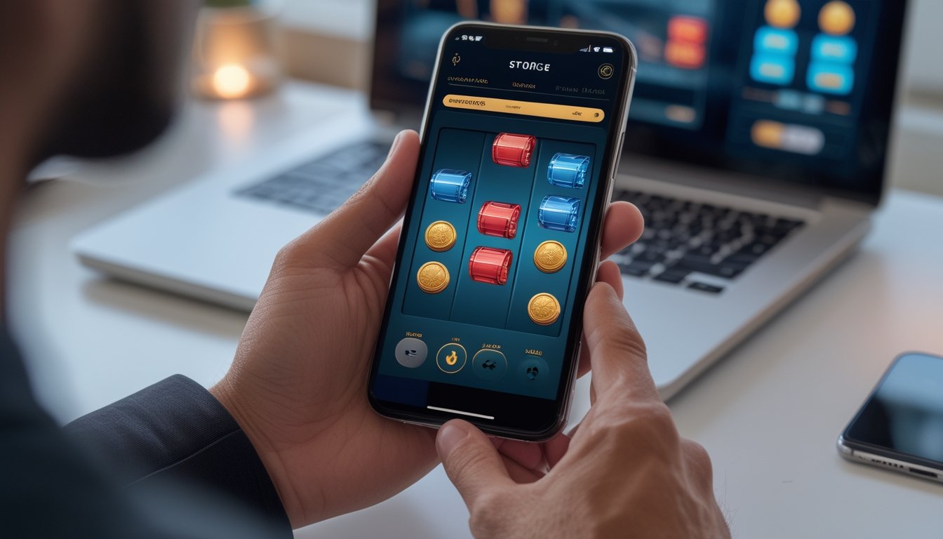 Seseorang memegang ponsel yang menampilkan permainan mesin slot digital di meja kerja modern.