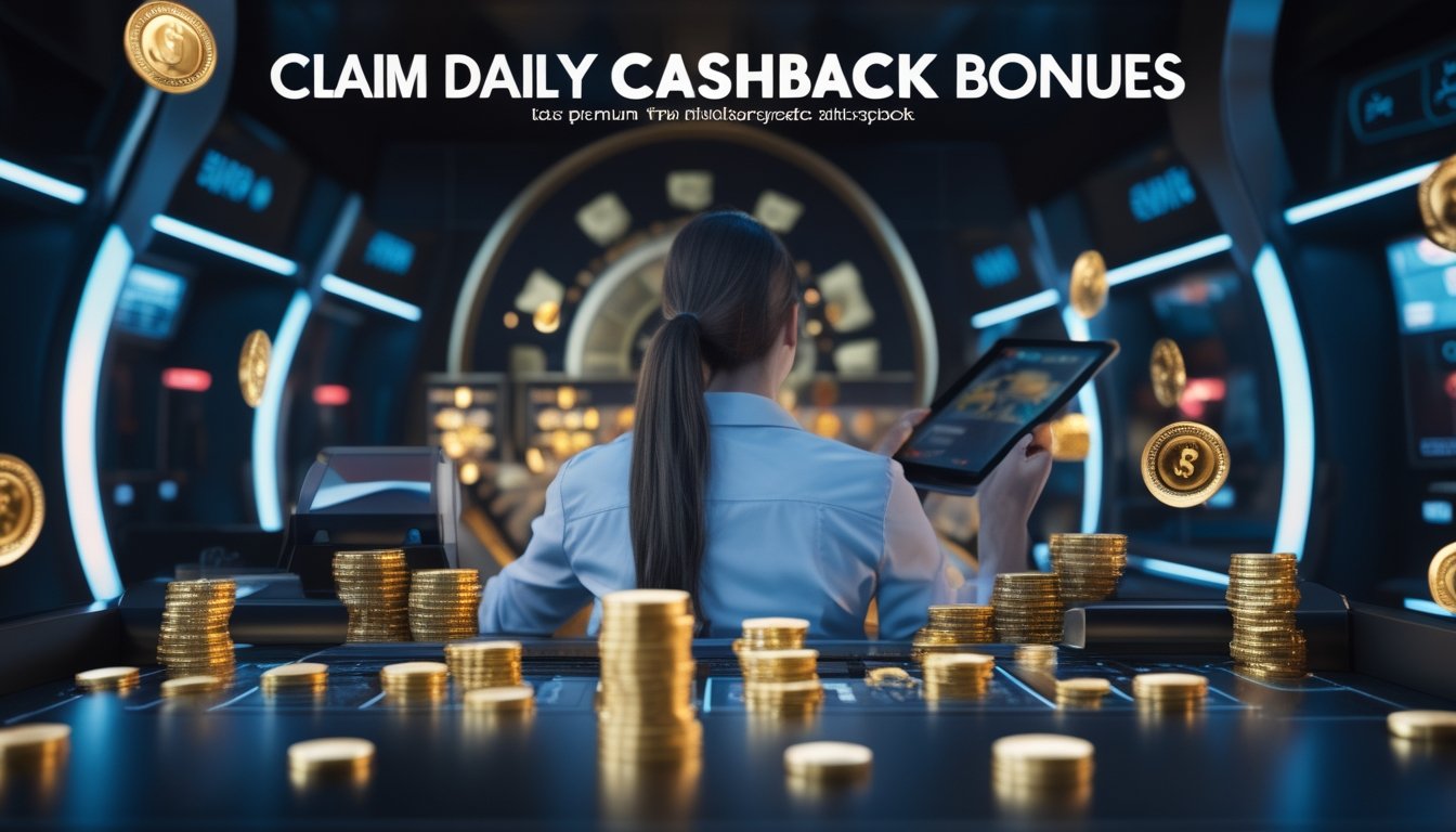 Pemain berinteraksi dengan mesin slot modern di lingkungan mewah, dikelilingi koin emas dan simbol hadiah.