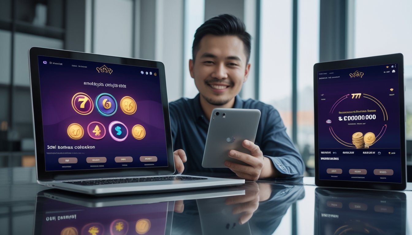 Seorang pengguna memeriksa promosi bonus dan cashback pada ponsel serta laptop dengan elemen hadiah berwarna emas.
