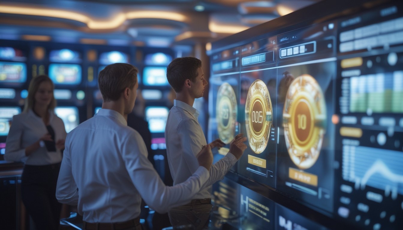 Tim analis memeriksa visualisasi data dan diagram algoritma di lingkungan teknologi bergaya kasino.