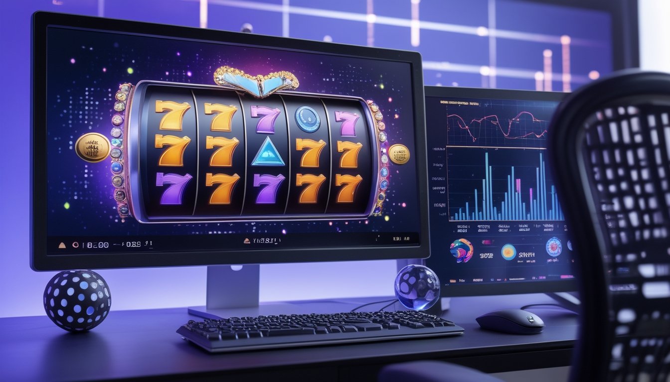 Monitor menampilkan permainan slot digital dengan pola data dan grafik abstrak di meja kerja teknologi.