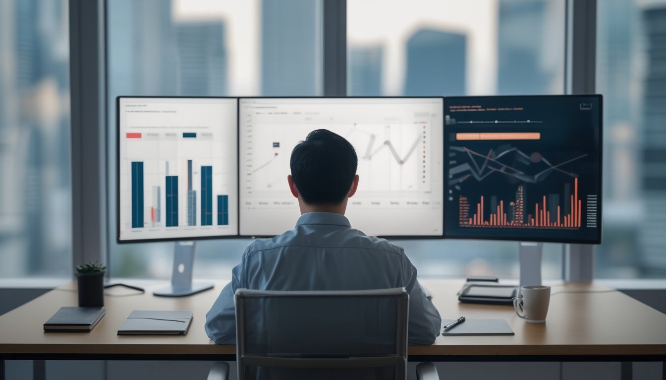 Seorang analis mempelajari grafik statistik abstrak di ruang kerja modern dengan latar kota yang buram.